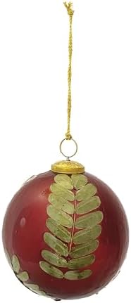 Creative Co Op Large Round Glass Ornament with Eucalyptus Leaves Red Gold