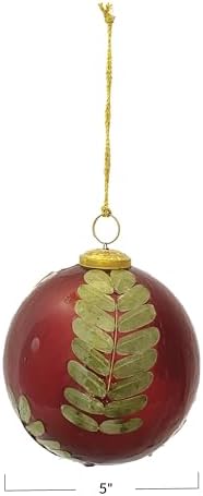 Creative Co Op Large Round Glass Ornament with Eucalyptus Leaves Red Gold