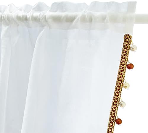Boho Linen Sheer Curtains with Gold Beads 2 Panels 52x84 Inch