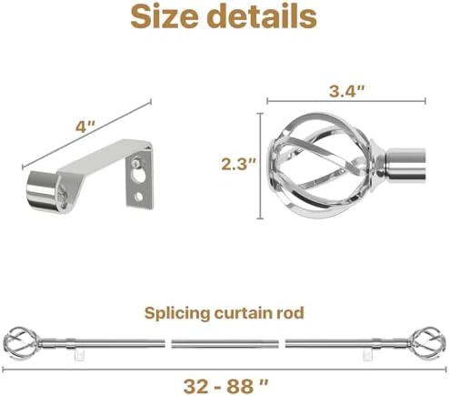 Silver Curtain Rods 48-88 Inch with Twisted Cage Finials