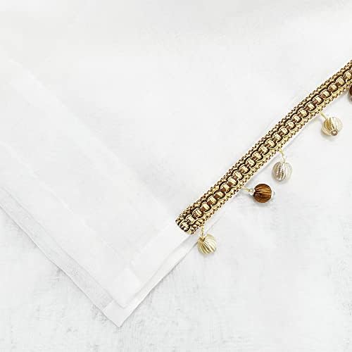 Boho Linen Sheer Curtains with Gold Beads 2 Panels 52x84 Inch