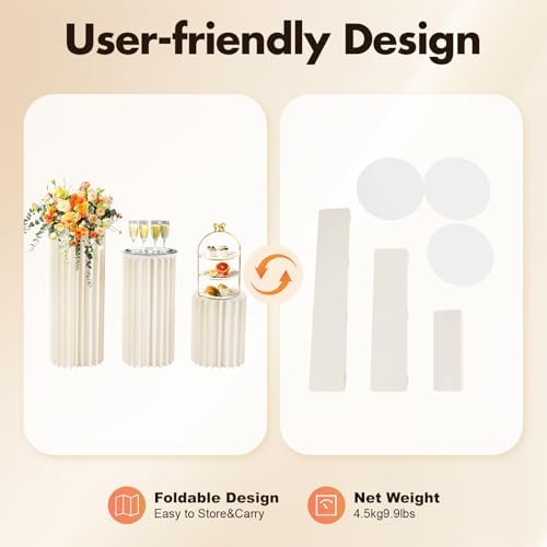 3PCS Foldable Cardboard Cylinder Pedestal Stands with Clear Acrylic Plates