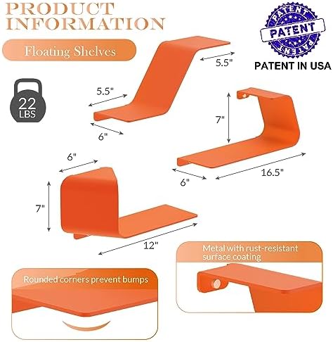 Set of 3 Floating Metal Wall Shelves with Orange Design