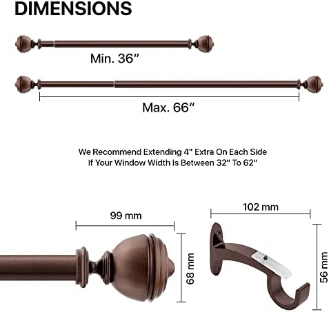 Deco Window Adjustable Brown Curtain Rod 36-66 Inches
