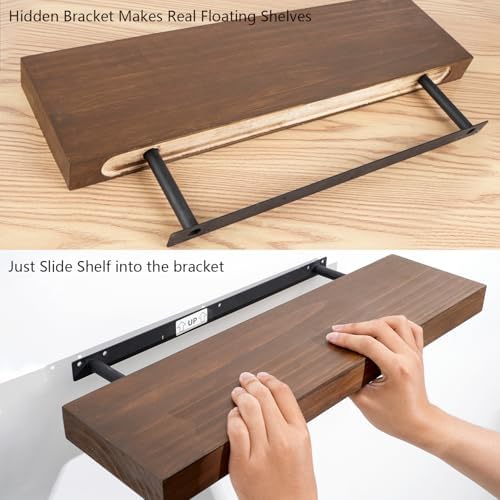 Wood Floating Shelves Set of 3 - Rustic Walnut Wall Mount