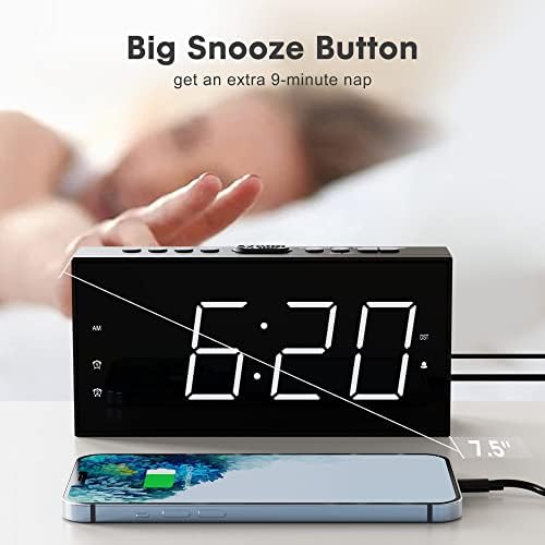 75 Inch LED Alarm Clock with Dual Alarms and USB Charging