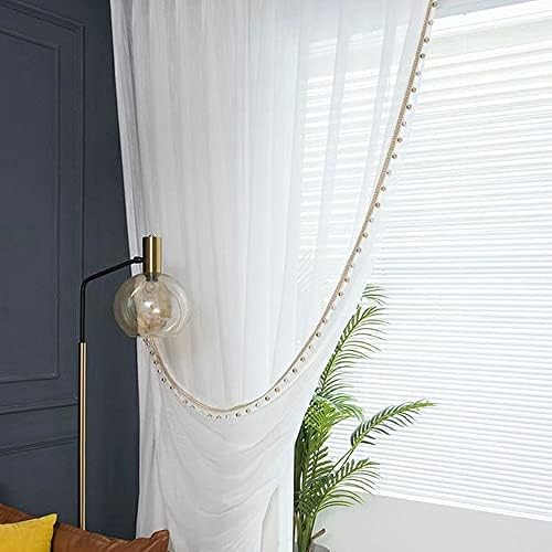 Boho Linen Sheer Curtains with Gold Beads 2 Panels 52x84 Inch