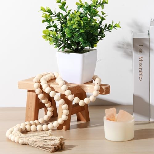 Wood Pedestal Stand with Handle and Beaded Ornaments