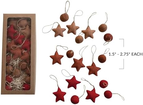 Creative Co Op Handmade Wool Felt Ornaments Set of 18 Red Brown