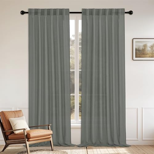 StangH Faux Linen Curtains 2 Panels Set Charcoal Grey 90 Inches Long