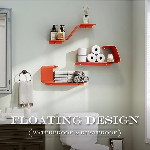 Set of 3 Floating Metal Wall Shelves with Orange Design
