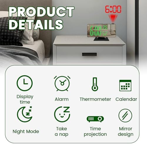 Projection Alarm Clock with Rotatable Projector and Dimmable Mirror