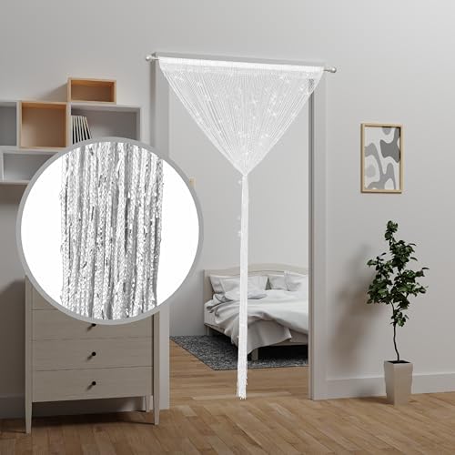 White Beaded Curtain with Tassels for Doorway Decor