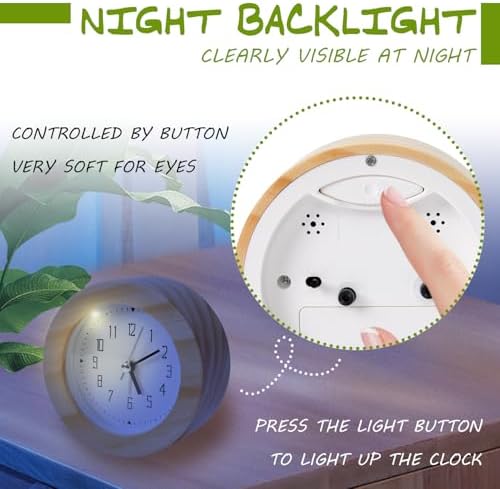 Kyvita Silent Non-Ticking Wooden Analog Alarm Clock with Nightlight