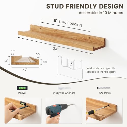 Picture Ledge Shelf Set of 2 - Rustic Elm Wood 24 Inches