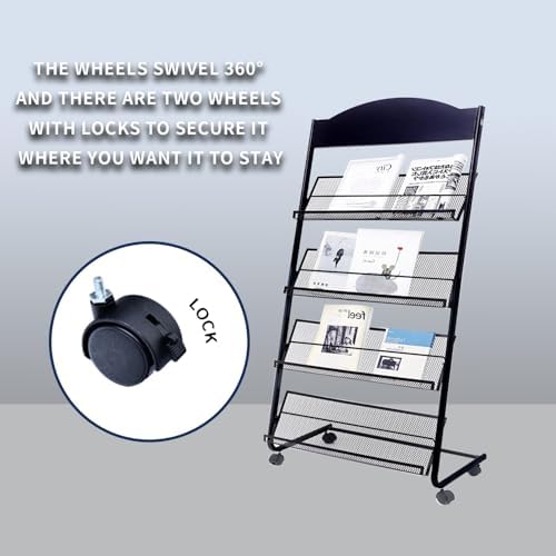 Floor Standing Magazine Rack with Locking Wheels 4 Tier
