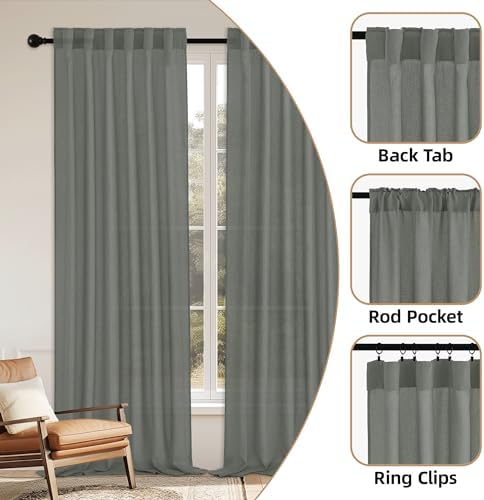 StangH Faux Linen Curtains 2 Panels Set Charcoal Grey 90 Inches Long