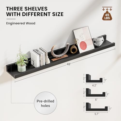 48 Inch Floating Shelf Set of 3 with Lip Black