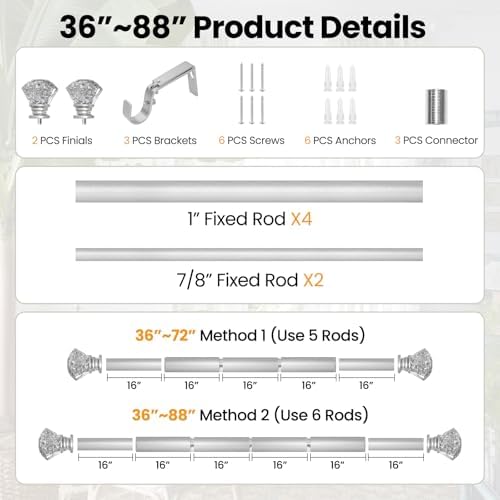 Silver Diamond Curtain Rods 36-88 Inches Adjustable Single Rod