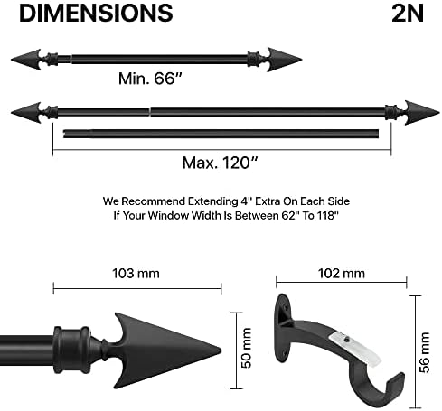 Deco Essential 2 Pack Adjustable Black Curtain Rods 66-120 Inch