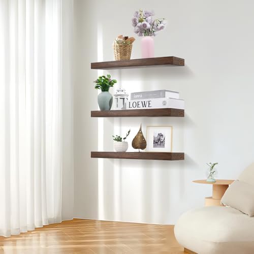Wood Floating Shelves Set of 3 - Rustic Walnut Wall Mount