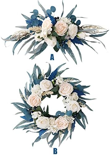 IUIBMI Spring Wreath with Malachite Blue Leaves and Silk Roses