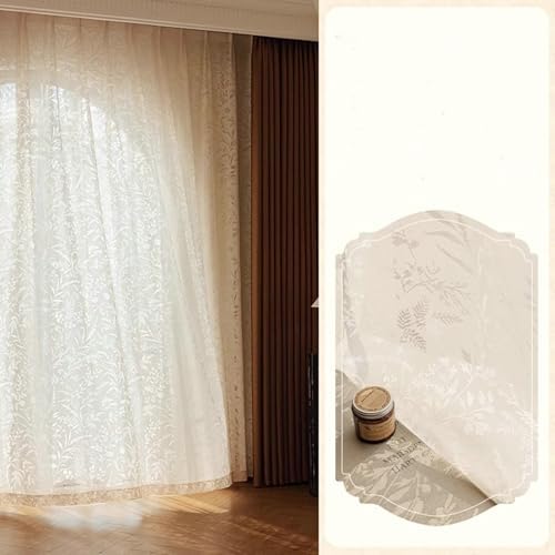 Beige Sheer Curtains with Botanical Design 2 Panels 38W x 84L Inch