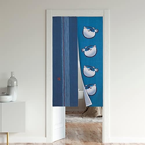 Japanese Noren Door Curtain Tapestry with Puffer Fish Design 33x59 Inch