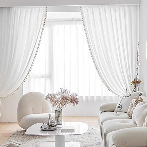 Boho Linen Sheer Curtains with Gold Beads 2 Panels 52x84 Inch