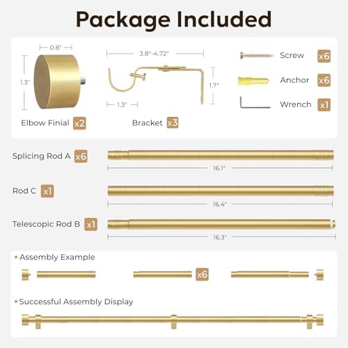 Zeerobee 1 Inch Brushed Gold Curtain Rod 32-120 Inch