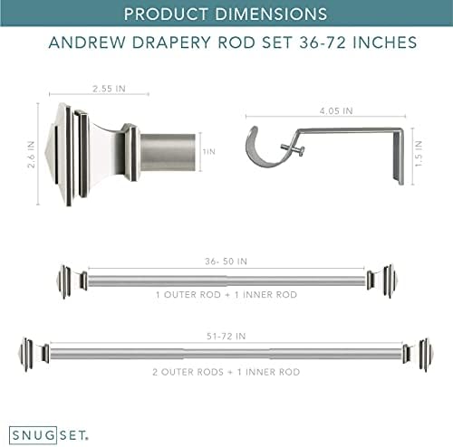 Snug Set Nickel Curtain Rod 36-72 Inch Adjustable No Tools