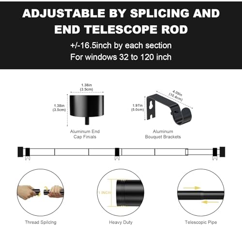 Pabroni Single Curtain Rod with Modern Finials 1 Inch Adjustable Gold Black Silver