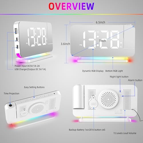 Hanaix Projection Alarm Clock with RGB Night Light and Auto Dimming