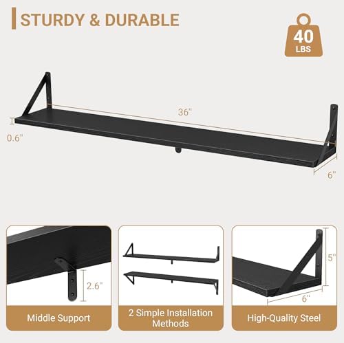 Heimlove Floating Shelves Set of 3 36 Inch Black Wood Wall Mounted