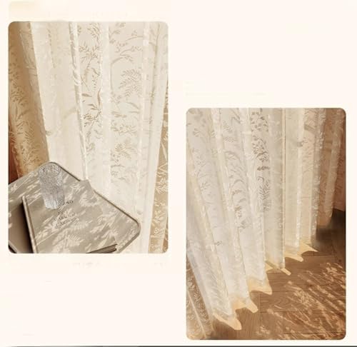 Beige Sheer Curtains with Botanical Design 2 Panels 38W x 84L Inch
