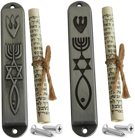 Pair of Pewter Messianic Seal Mezuzah Cases with Scroll