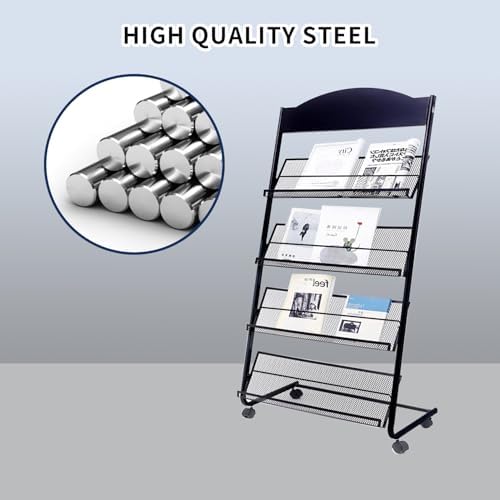 Floor Standing Magazine Rack with Locking Wheels 4 Tier