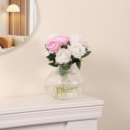 YANWE1 Round Ribbed Glass Vase 6 Inches