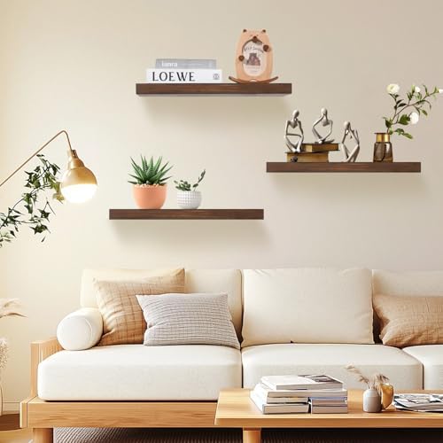 Wood Floating Shelves Set of 3 - Rustic Walnut Wall Mount