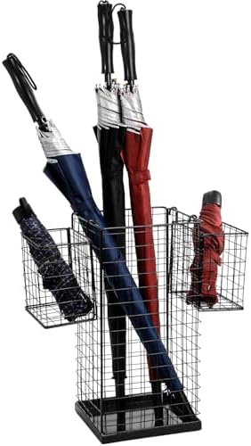 Frcctre Black Metal Umbrella Stand with 2 Hanging Baskets