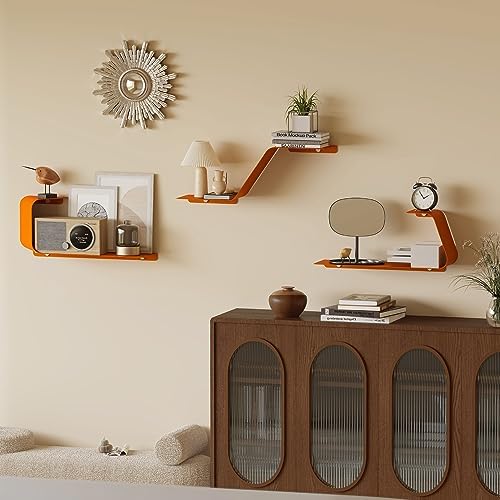 Set of 3 Floating Metal Wall Shelves with Orange Design