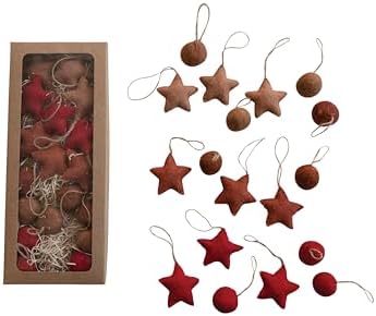 Creative Co Op Handmade Wool Felt Ornaments Set of 18 Red Brown