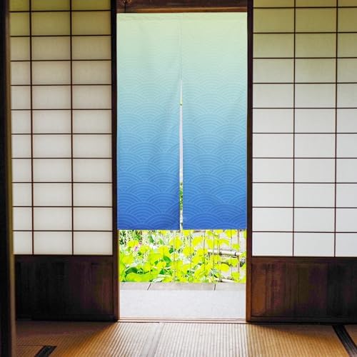 Japanese Noren Door Curtain Blue Beige Wave Pattern