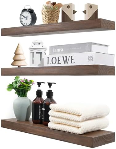Wood Floating Shelves Set of 3 - Rustic Walnut Wall Mount