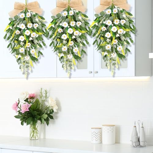 4 Pcs 24 Inch Artificial White Daisy Teardrop Wreath Swag