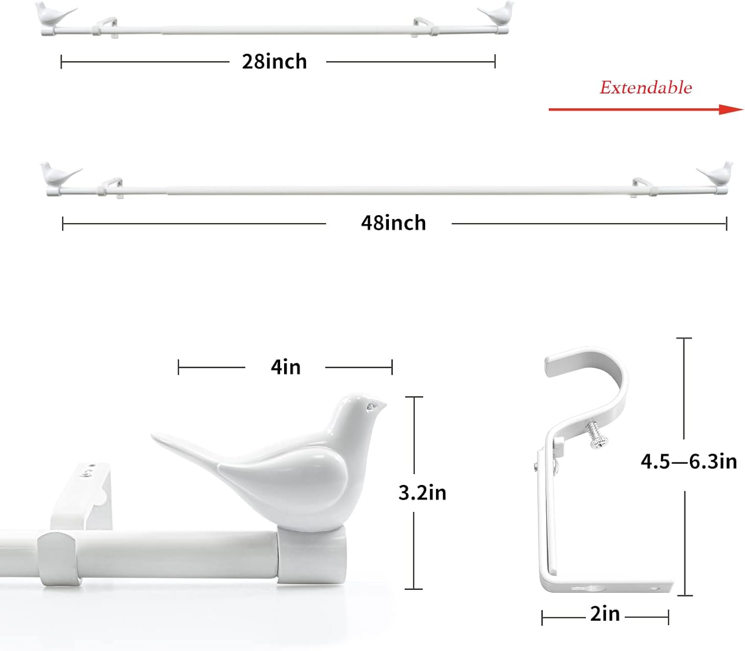 Meriville 34 Farmhouse Curtain Rod with Bird Finials 28-48 Glossy White