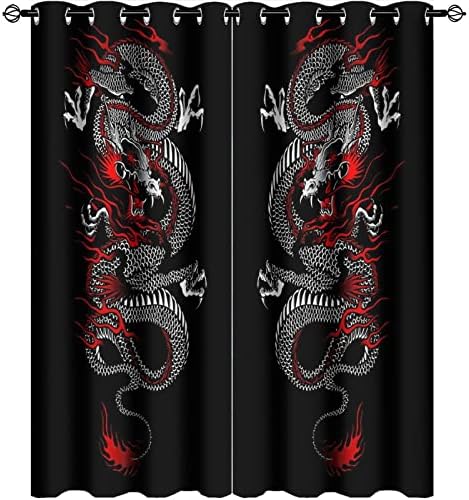 Fantasy Dragon Curtains Black Red Grommet Panels