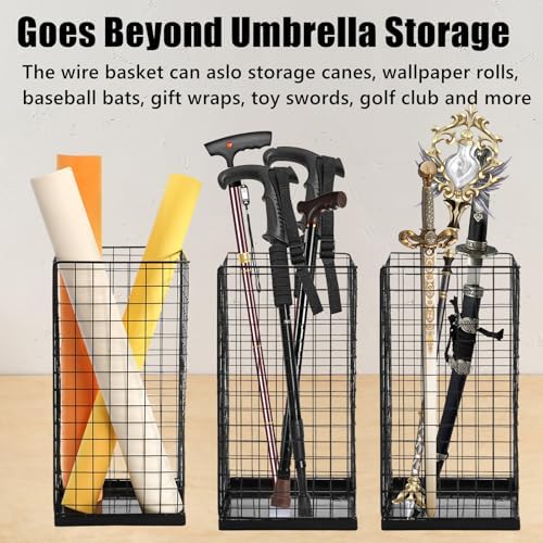 Frcctre Black Metal Umbrella Stand with 2 Hanging Baskets