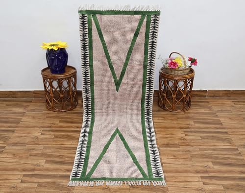 Art of Jaipur Cotton Runner Rug 4x8 Green Block Printed Dhurrie