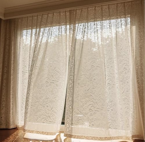Beige Sheer Curtains with Botanical Design 2 Panels 38W x 84L Inch